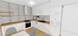 biela kuchyn s betonovým obkladom