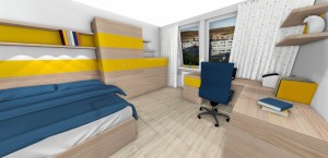 posteľ, komoda a stolík v žltej farbe